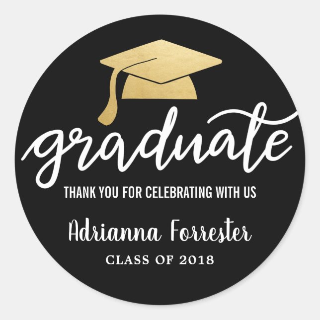 Graduation Hat Faux Gold Foil Thank You | Black Classic Round Sticker (Front)