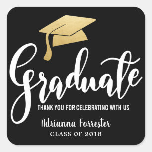 Graduation Hat Faux Gold Foil Thank You Black Square Sticker