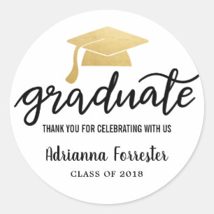Graduation Hat Faux Gold Foil Thank You Classic Round Sticker