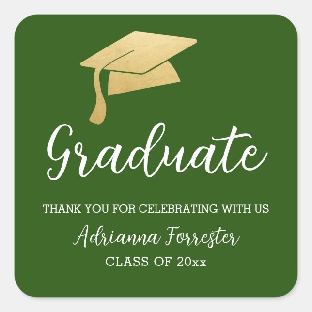 Graduation Hat Faux Gold Foil Thank You Green Square Sticker (Front)