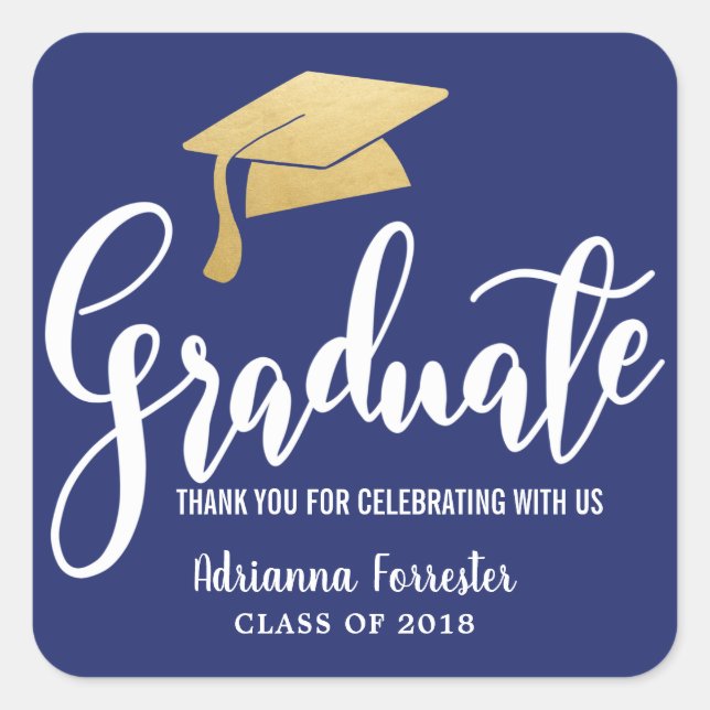 Graduation Hat Faux Gold Foil Thank You Navy Blue Square Sticker (Front)