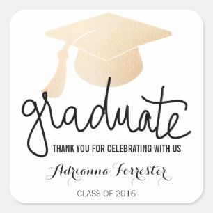Graduation Hat Faux Rose Gold Foil Thank You Square Sticker