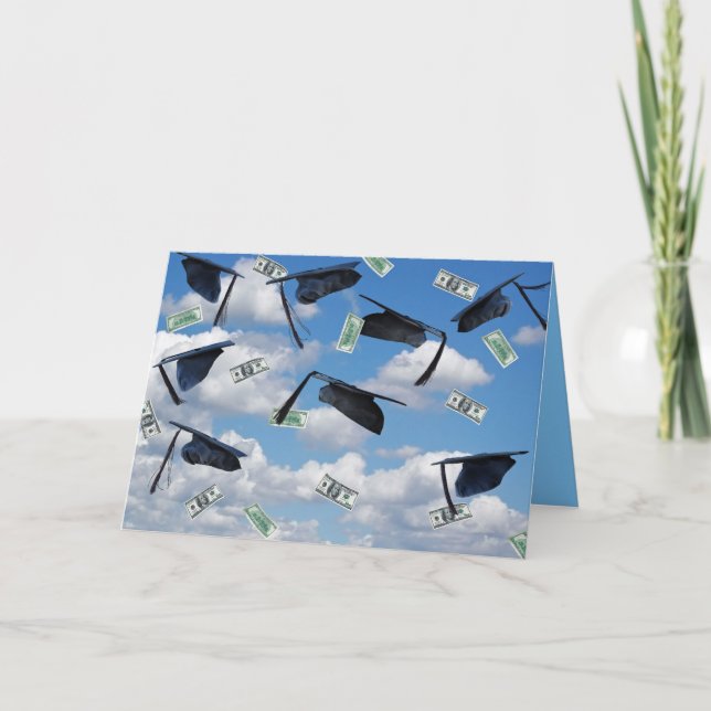 Graduation hats and money in sky card (Front)