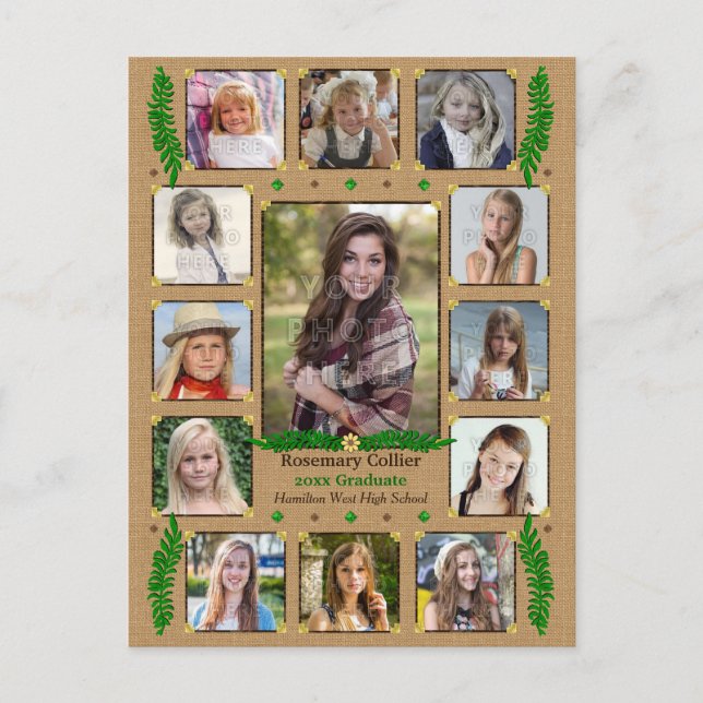Graduation High School Photo Collage | Burlap Fern Announcement Postcard (Front)