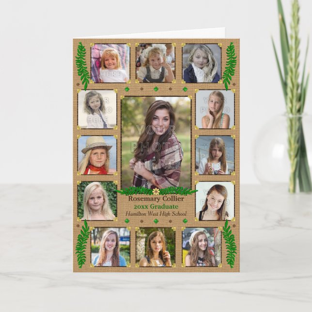 Graduation High School Photo Collage | Burlap Fern Card (Front)