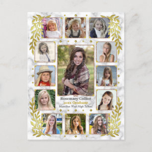 Graduation High School Photo Collage   Gold Marble Announcement Postcard