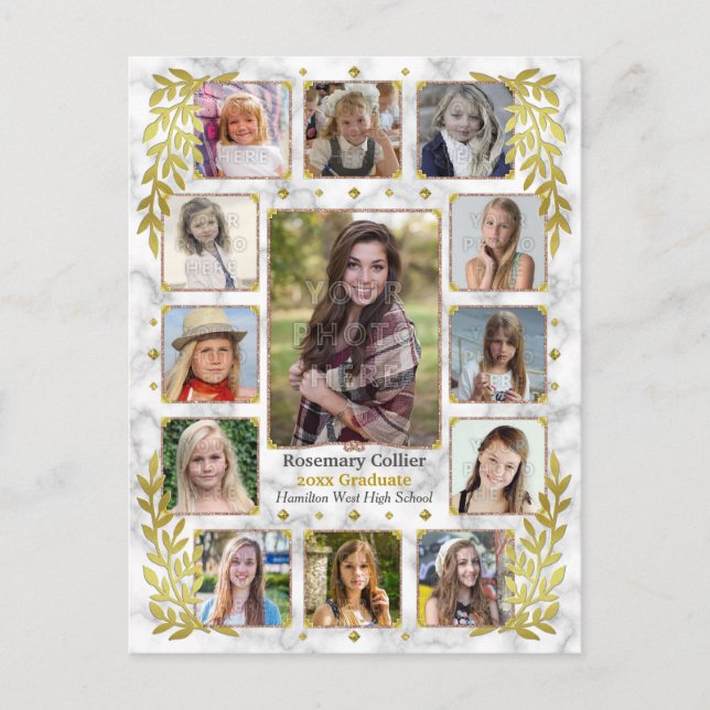 Graduation High School Photo Collage | Gold Marble Announcement Postcard (Front)