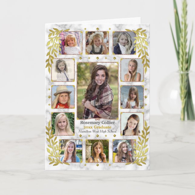 Graduation High School Photo Collage | Gold Marble Card (Front)