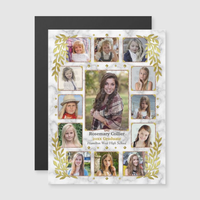 Graduation High School Photo Collage | Marble Gold Magnetic Invitation (Front/Back)