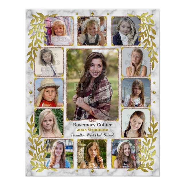 Graduation High School Photo Collage | Marble Gold Poster (Front)