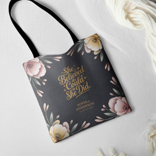 Graduation Inspirational Quote Black & Gold Floral Tote Bag