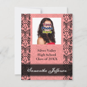 Graduation Invitation, Pink and Black Damask Invitation