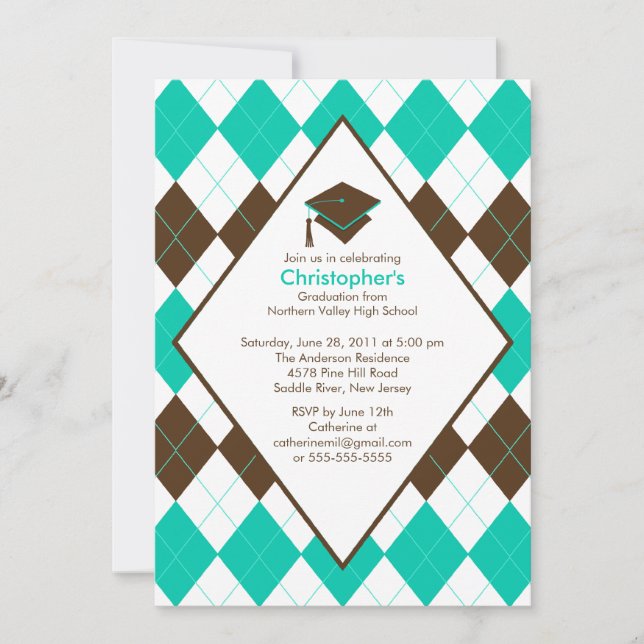Graduation Invitation Prep Brown Turquoise Argyle (Front)