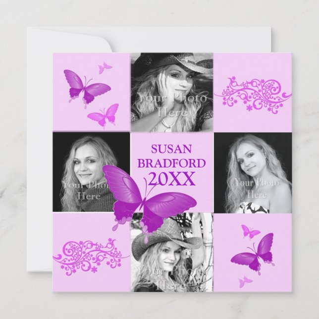 Graduation Invitation - Purple Butterflies- PHOTOS (Front)