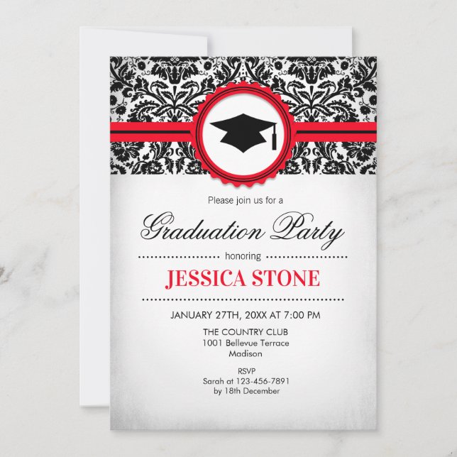 Graduation Invitation - Red Black White Damask (Front)