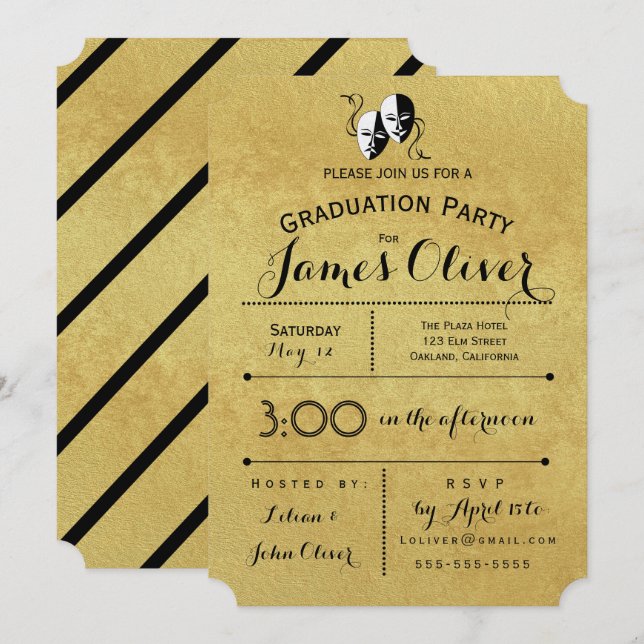Graduation Invitation Theatre Major Gold and Black (Front/Back)
