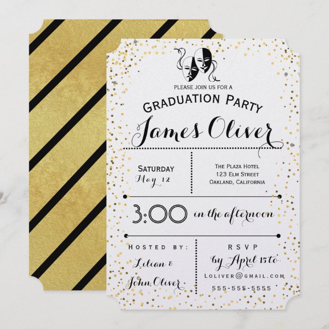 Graduation Invitation Theatre Major Gold and Black (Front/Back)