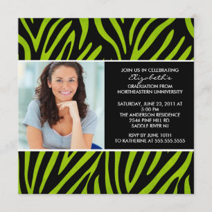 Graduation Invitation with Photo Lime Green Zebra