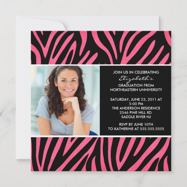 Graduation Invitation with Photo Pink  Zebra Print (Front)