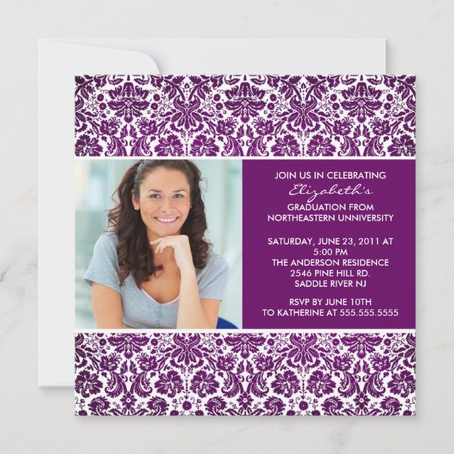 Graduation Invitation with Photo Purple Damask (Front)