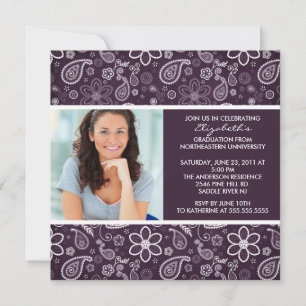 Graduation Invitation with Photo Purple Paisley