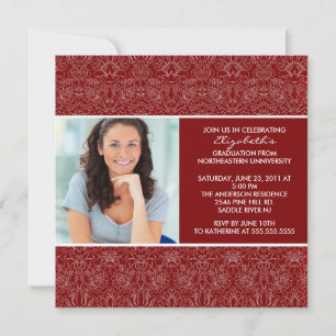 Graduation Invitation with Photo Red  Damask