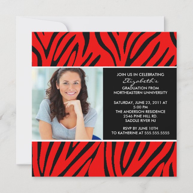 Graduation Invitation with Photo Red  Zebra Print (Front)