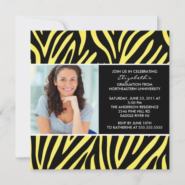 Graduation Invitation with Photo Yellow  Zebra (Front)