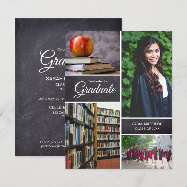 Graduation Invitations, Chalkboard, Photo Collage Invitation (Front/Back)