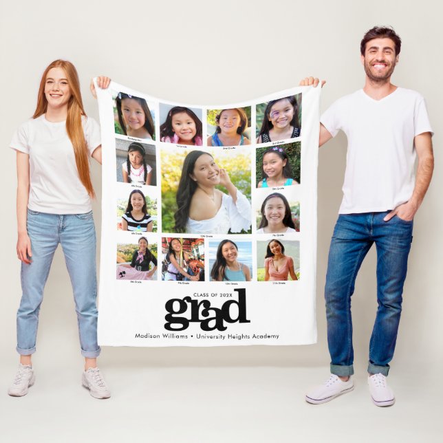 Graduation K–12 Black White Photo Collage Modern Fleece Blanket (In Situ)