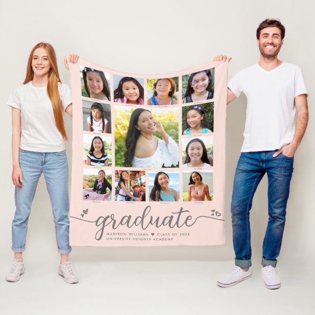 Graduation K–12 Blush Pink Script Photo Collage Fleece Blanket (In Situ)
