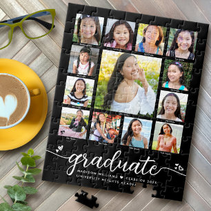 Graduation K–12 Modern Script Photo Collage Black Jigsaw Puzzle