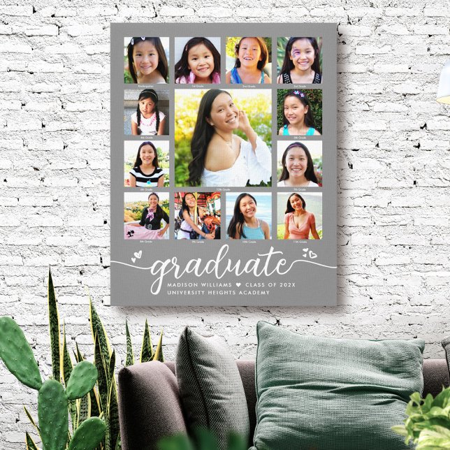 Graduation K–12 Modern Script Photo Collage Grey Canvas Print (Creator Uploaded)