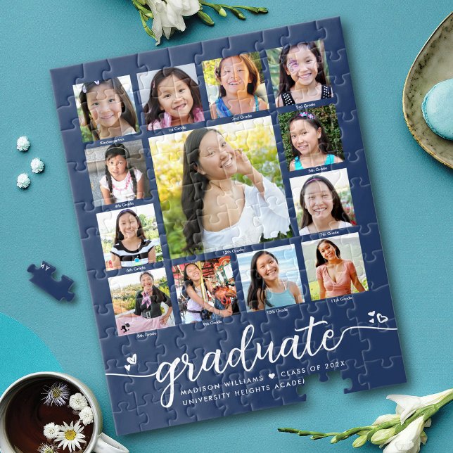 Graduation K–12 Modern Script Photo Collage Navy Jigsaw Puzzle (Creator Uploaded)