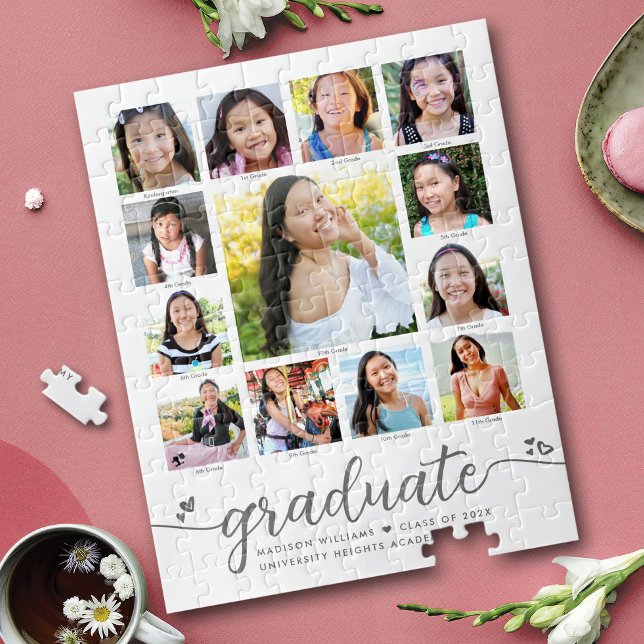 Graduation K–12 Modern Script Photo Collage White Jigsaw Puzzle (Creator Uploaded)