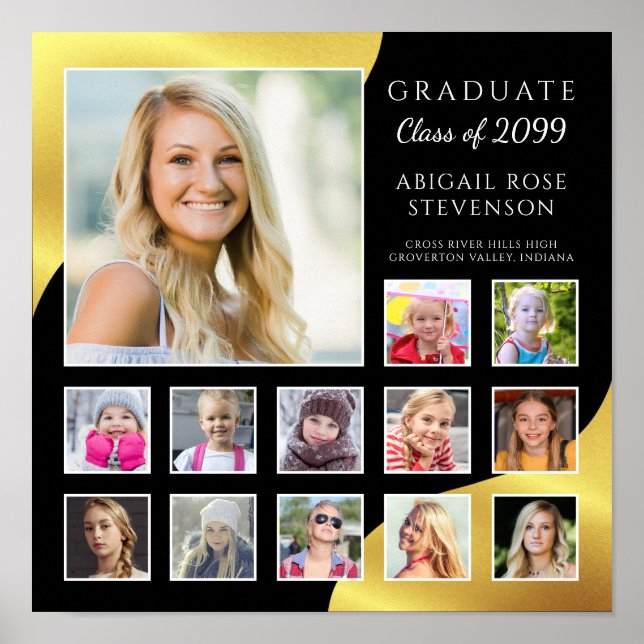 Graduation K-12 Photo Collage Black Faux Gold Foil Poster (Front)