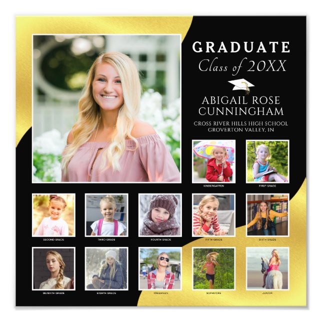 Graduation K-12 Photo Collage Black Metallic Gold (Front)