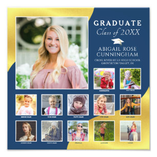 Graduation K-12 Photo Collage Blue Metallic Gold Print
