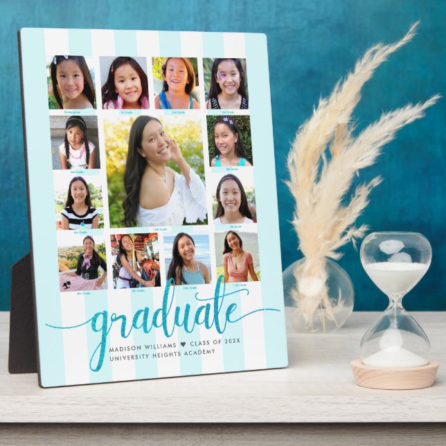 Graduation K–12 Photo Collage Turquoise Script Plaque (Side)