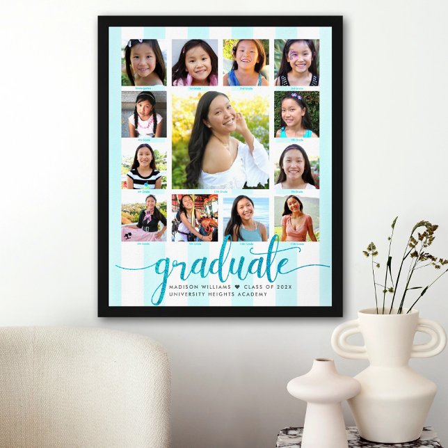 Graduation K–12 Photo Collage Turquoise Script Poster (Creator Uploaded)