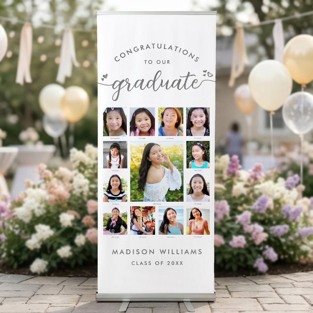 Graduation K–12 Script Hearts Photo Collage White Retractable Banner (Creator Uploaded)