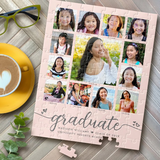 Graduation K–12 Script Photo Collage on Blush Pink Jigsaw Puzzle (Creator Uploaded)