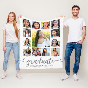 Graduation K–12 White Modern Script Photo Collage Fleece Blanket