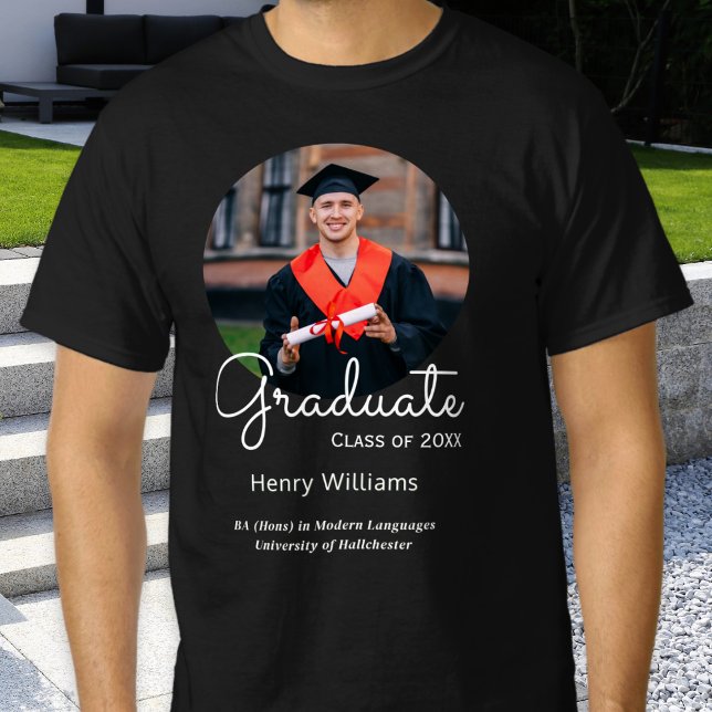 Graduation Keepsake Graduate Name and Photo Custom T-Shirt (A shirt for celebrating graduation, personalized with photo, 'class of' year, name and qualification)