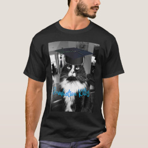 Graduation Kitty Black and White Cat in Graduating T-Shirt