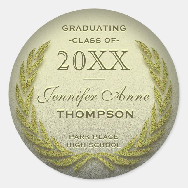 Graduation Laurel Wreath Gold Glitter Look Classic Round Sticker (Front)