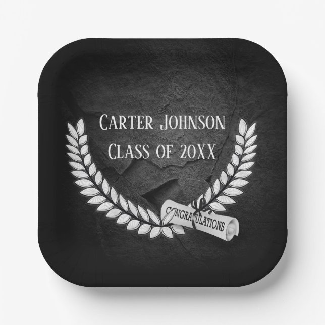 Graduation Laurel Wreath On Black Rock Paper Plate (Front)