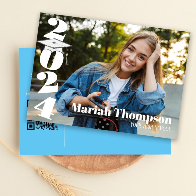 Graduation Light Blue Photo Class Of 2023 QR Invitation (Graduation photo invitation announcement With Carolina Blue. )