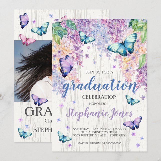 Graduation Lilacs and Butterfly Invitation (Front/Back)
