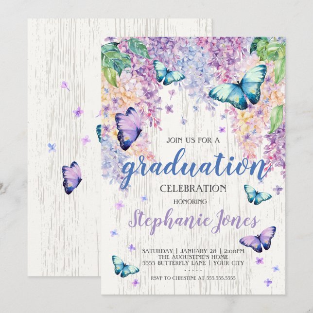 Graduation Lilacs and Butterfly Invitation (Front/Back)